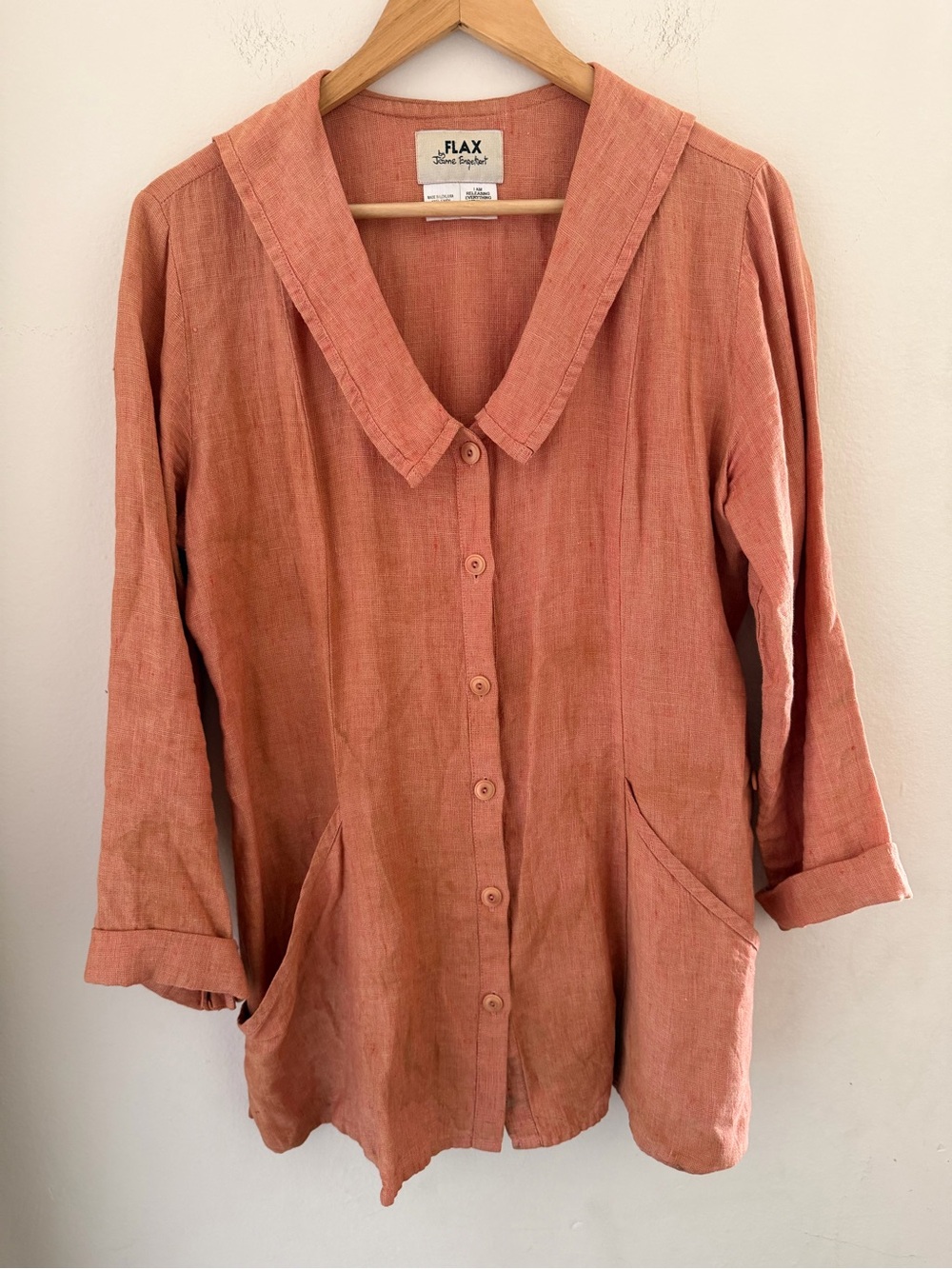 FLAX Jeanne Engelhart Coral Orange 100% Linen Button Front Pocket Jacket Small